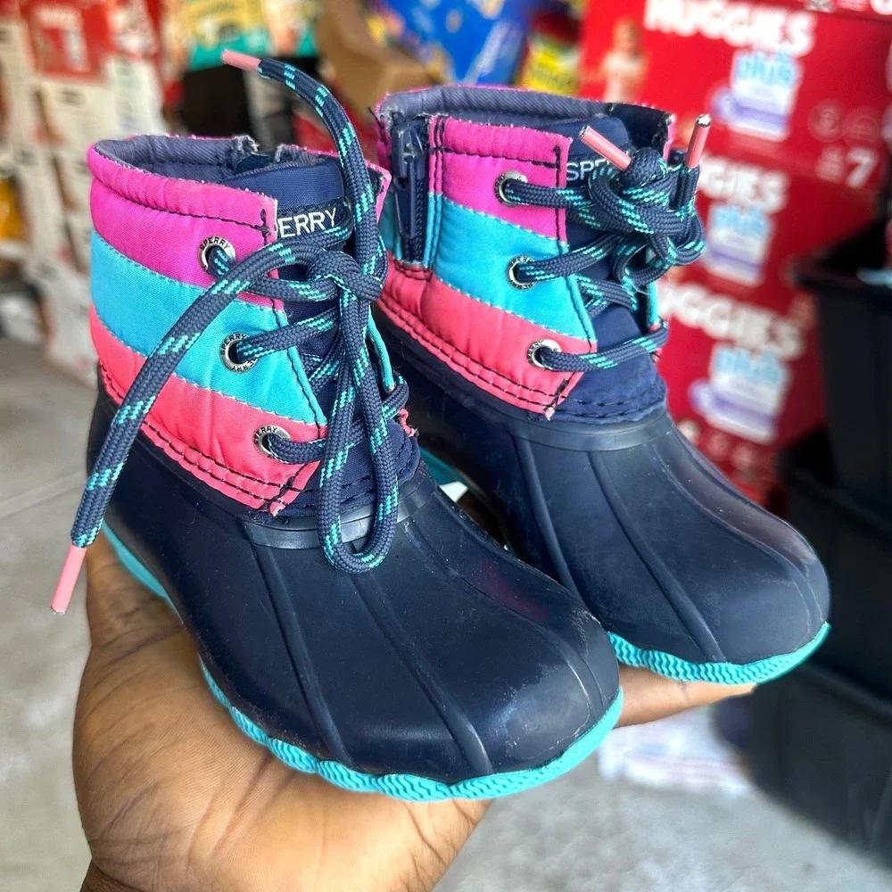 Sperry Toddler Girl Saltwater Duck Boots Size 7 Navy Pink Teal Rubber Shoes